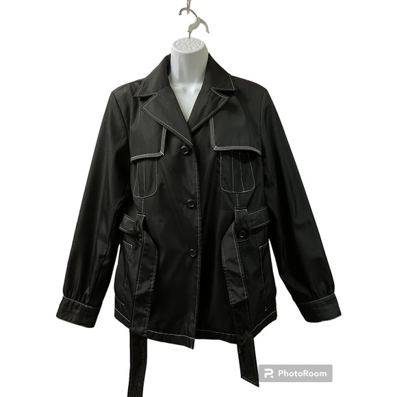 Vintage Platinum Utex Jacket Coat Size M Black White Stitching Pockets Tie Belt - Picture 1 of 6